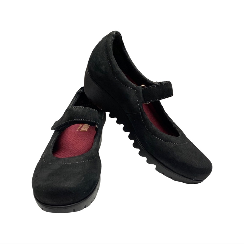 MUNRO Black Suede Leather Mary Jane Walking Wedge Heel Shoe 6.5